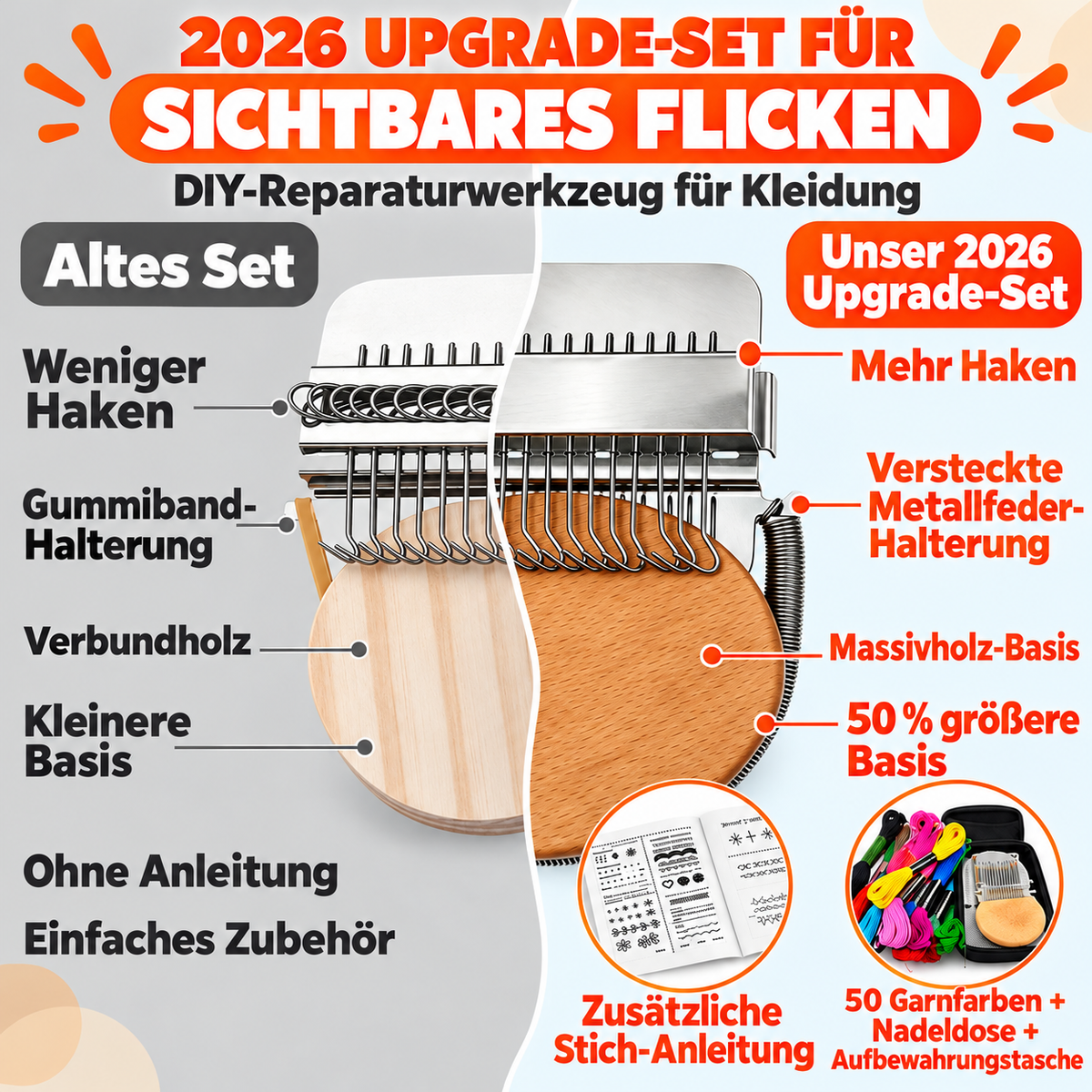 Vergleich zwischen altem Set und 2026 Upgrade Stopfwebrahmen