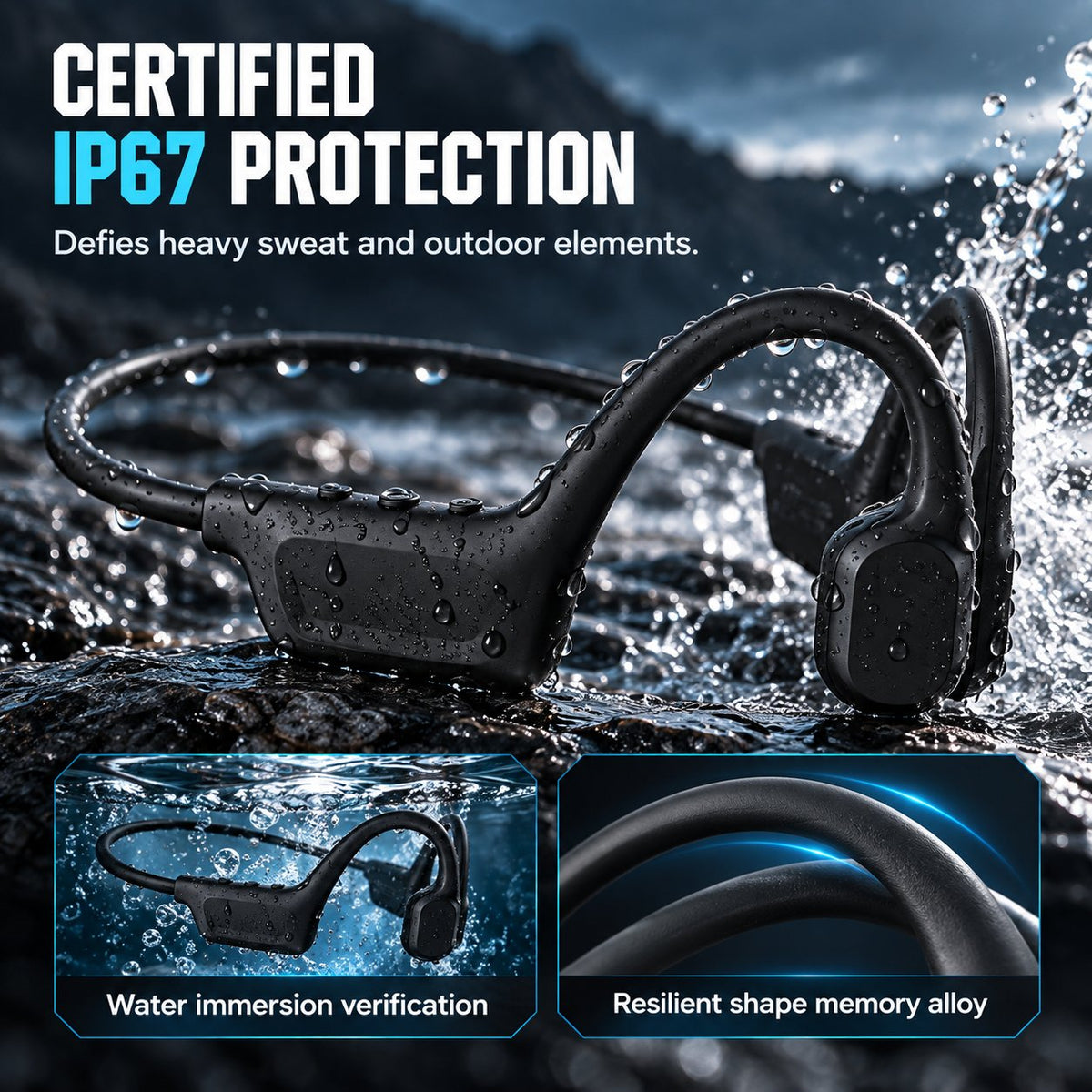 Professioneller Knochenleitungskopfhörer für Sport, Bluetooth 6.0, IP67 wasserdicht, offenes, kabelloses Headset für Laufen und Radfahren