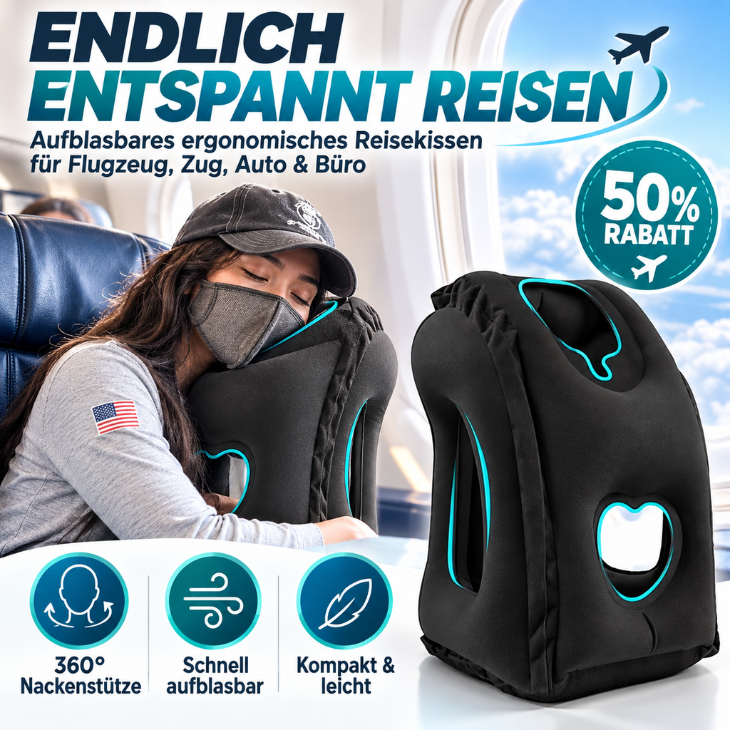 Aufblasbares ergonomisches Reisekissen für Flugzeug Zug und Auto