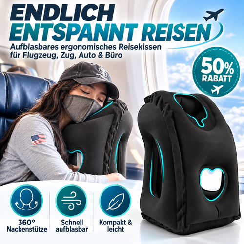 Aufblasbares ergonomisches Reisekissen für Flugzeug Zug und Auto