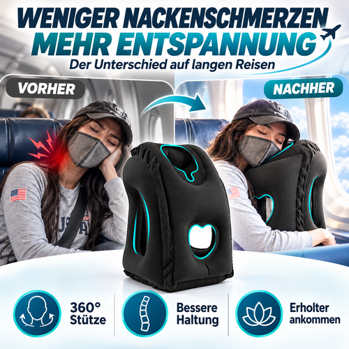 Großflächige Kopf- und Nackenstütze des aufblasbaren Reisekissens