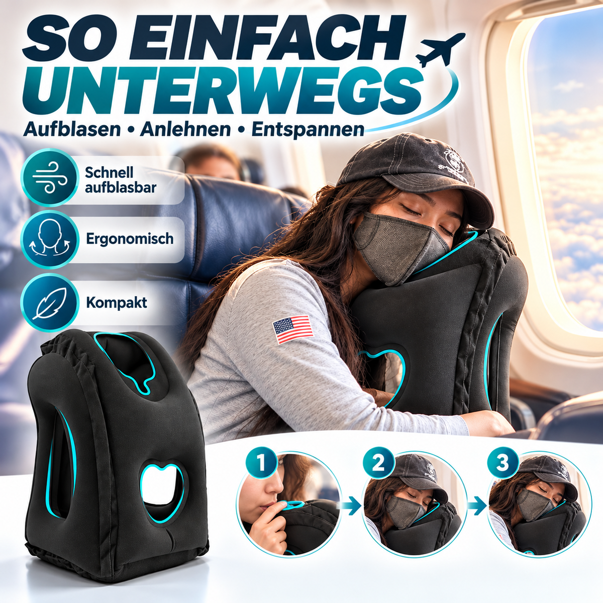 Großes Luftventil am aufblasbaren Reisekissen