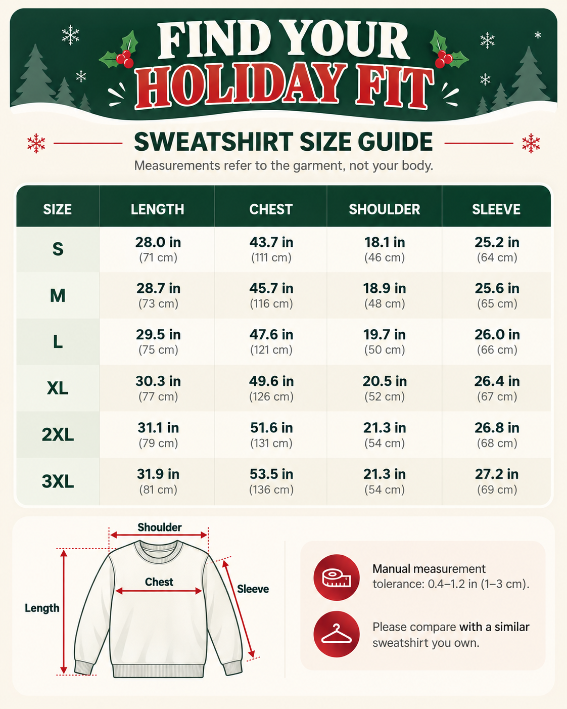 Größentabelle der Weihnachtspullover von S bis 3XL