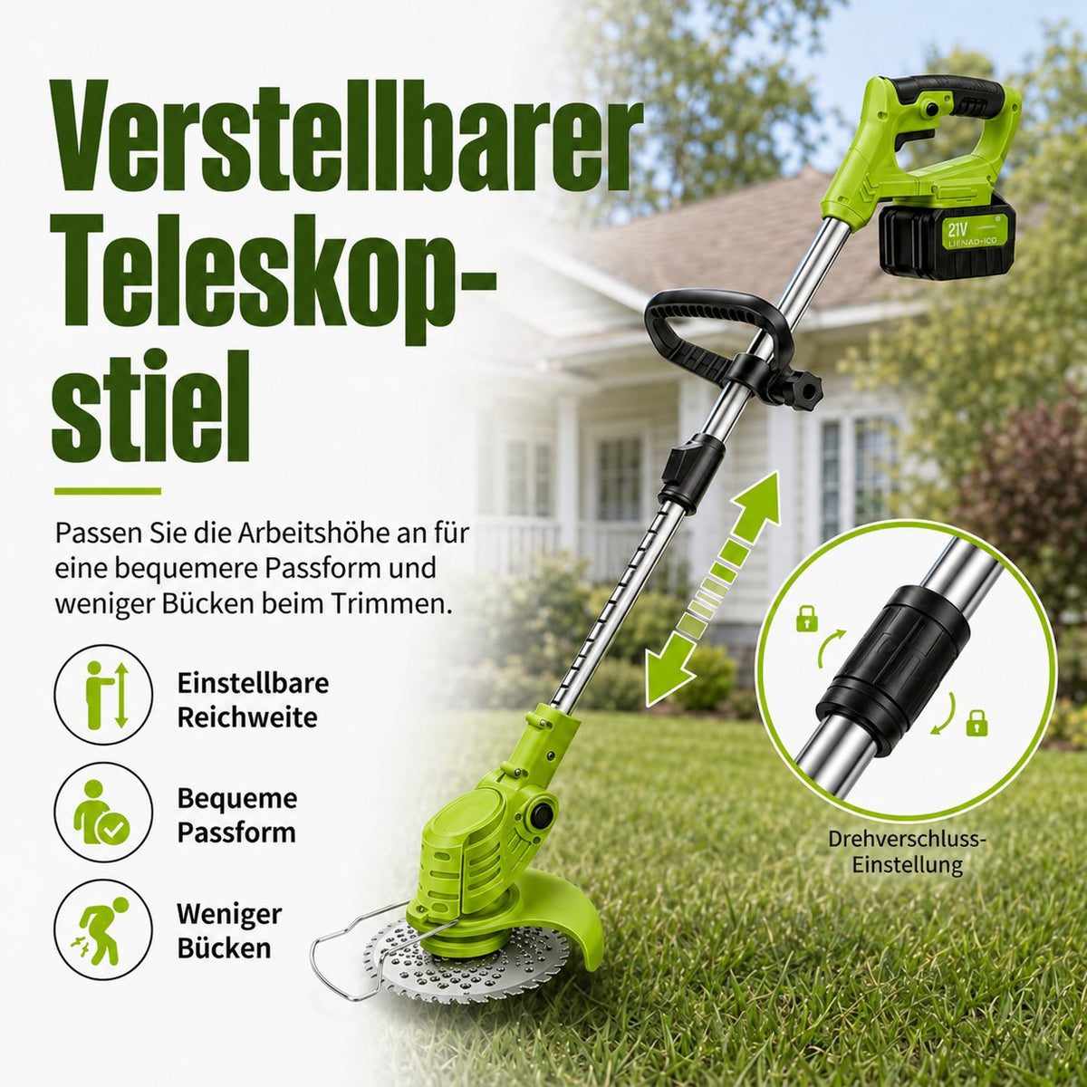 Verstellbarer Teleskopstiel des Akku-Gartentrimmers