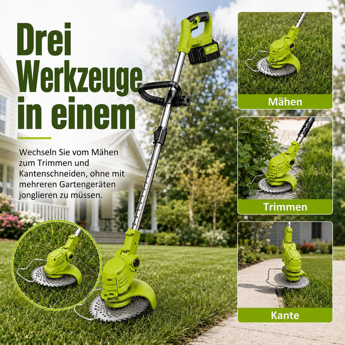 Drei Funktionen des kabellosen 3-in-1 Gartengeräts