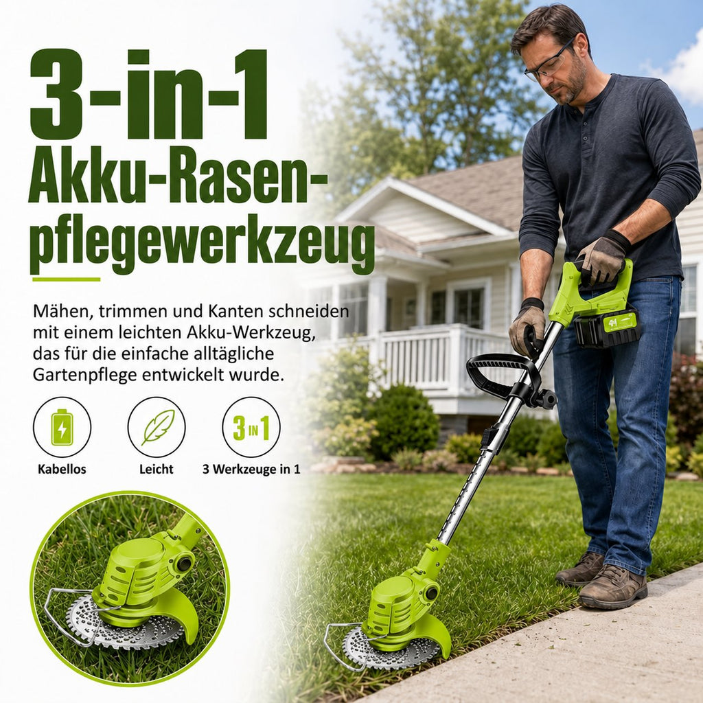 3-in-1 Akku-Rasenmäher, Rasentrimmer und Kantenschneider