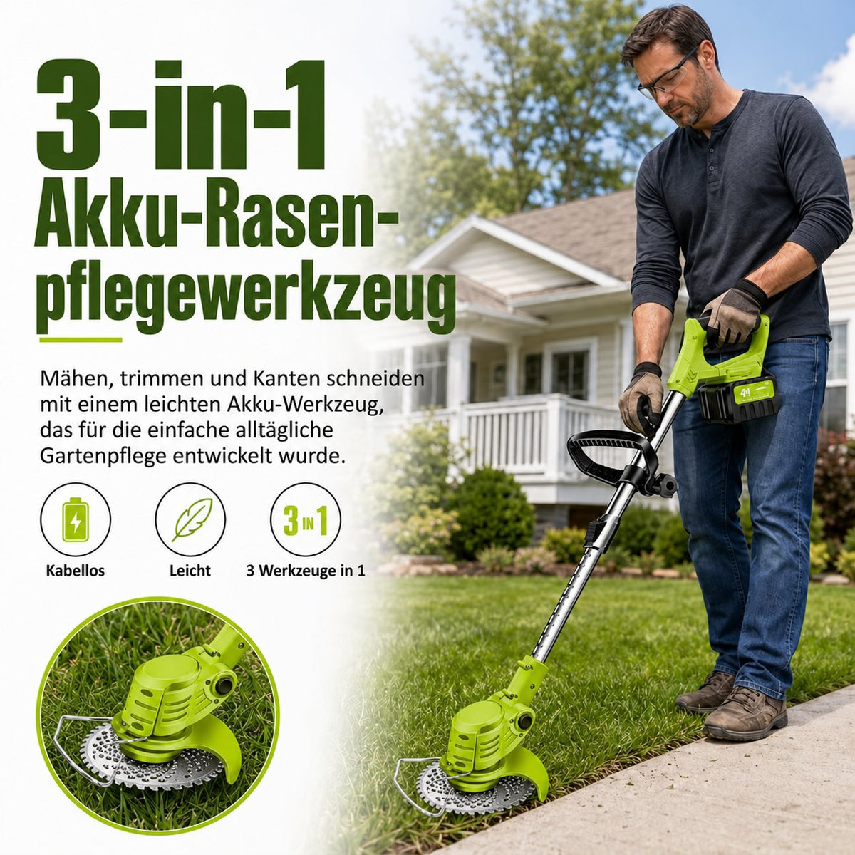 3-in-1 Akku-Rasenmäher, Rasentrimmer und Kantenschneider