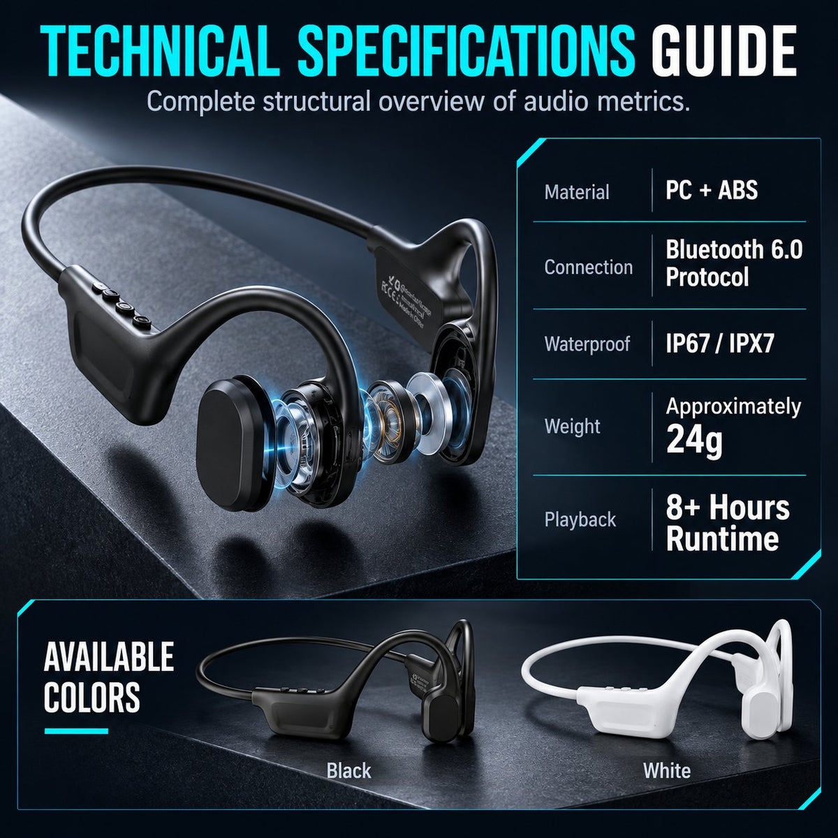 Professioneller Knochenleitungskopfhörer für Sport, Bluetooth 6.0, IP67 wasserdicht, offenes, kabelloses Headset für Laufen und Radfahren
