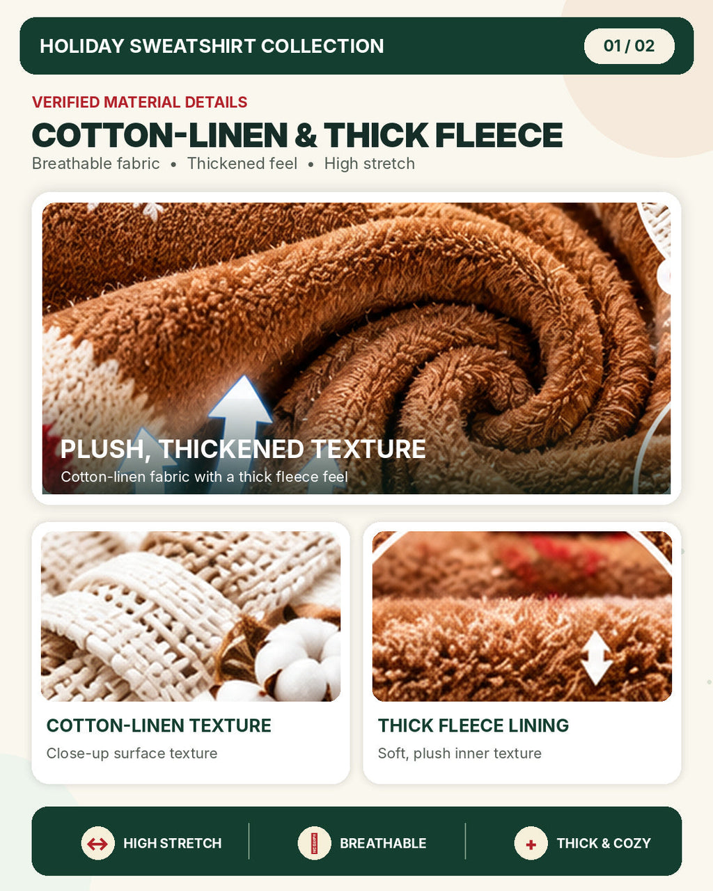 Stoffstruktur und Fleece-Textur der Weihnachtspullover