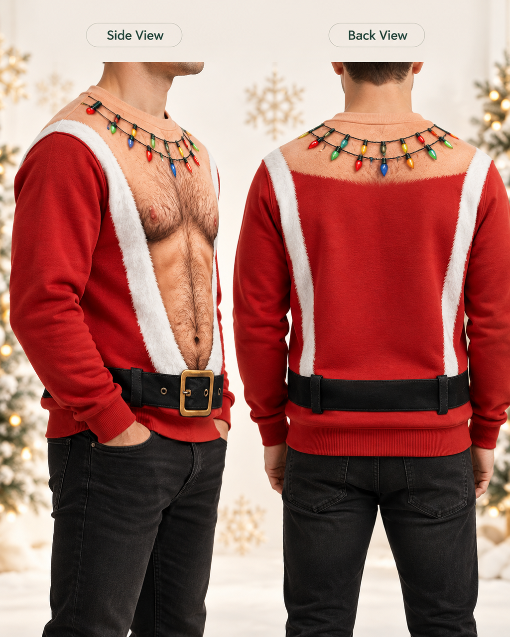 Seiten- und Rückansicht eines Weihnachtspullovers mit Santa-Motiv