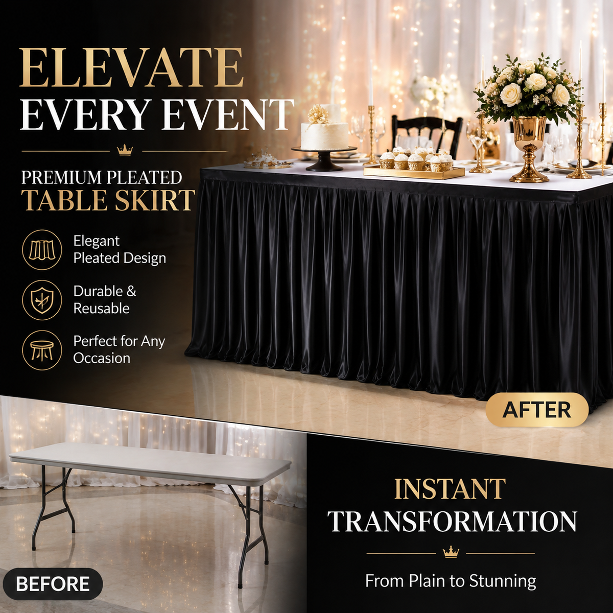 🔥 Bis zu 40 % RABATT – ✨ Plissierte Tischverkleidung für Events | 3 Größen & 11 Farben