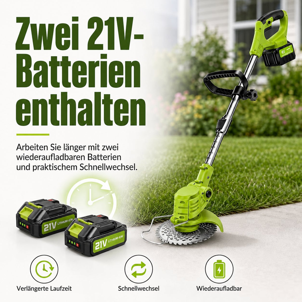 Zwei 21-V-Lithium-Ionen-Akkus im Lieferumfang