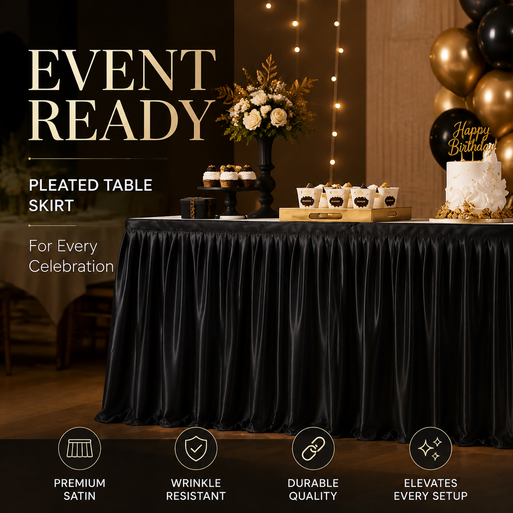 🔥 Bis zu 40 % RABATT – ✨ Plissierte Tischverkleidung für Events | 3 Größen & 11 Farben