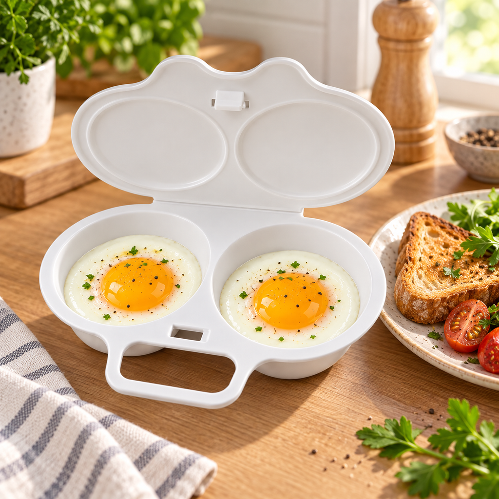 Mikrowellen-Eierpochierer mit zwei Eiern beim Frühstück