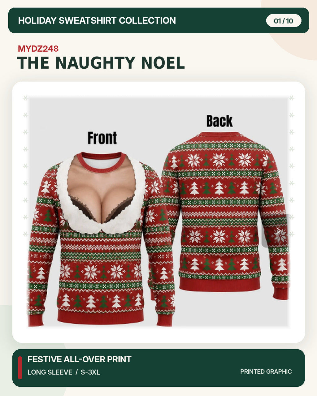 Weihnachtspullover MYDZ248 – Frecher Noel, Vorder- und Rückansicht