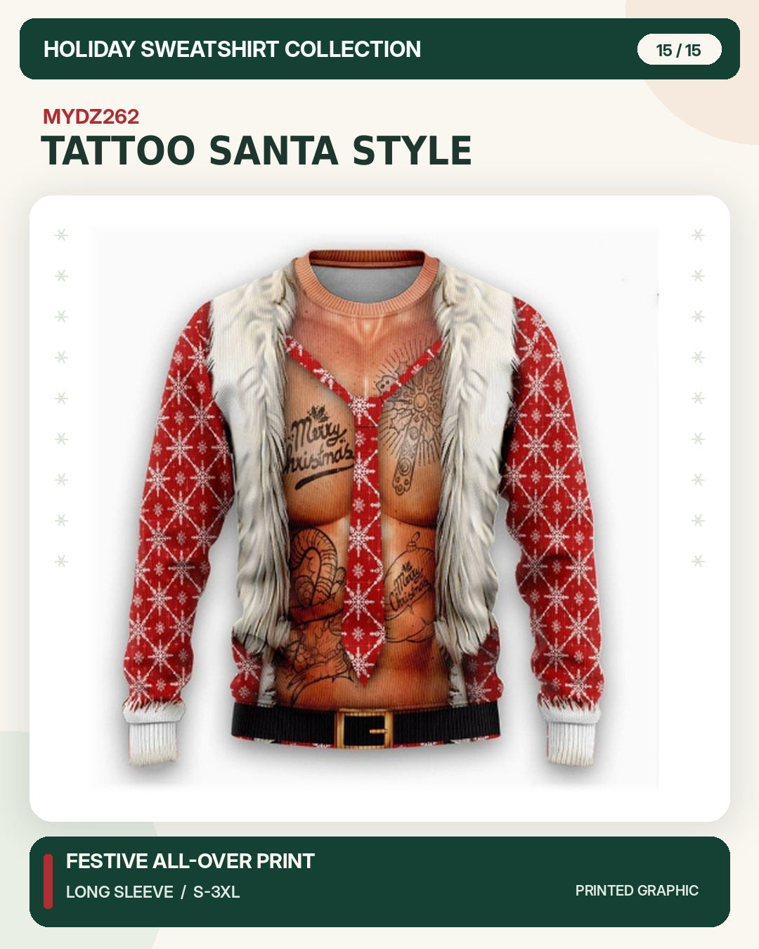 Weihnachtspullover MYDZ262 – Tätowierter Santa-Stil