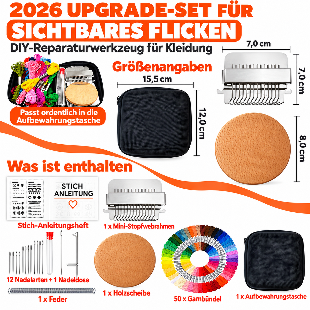 Größenangaben und Lieferumfang des 2026 Upgrade Stopfwebrahmen-Komplettsets