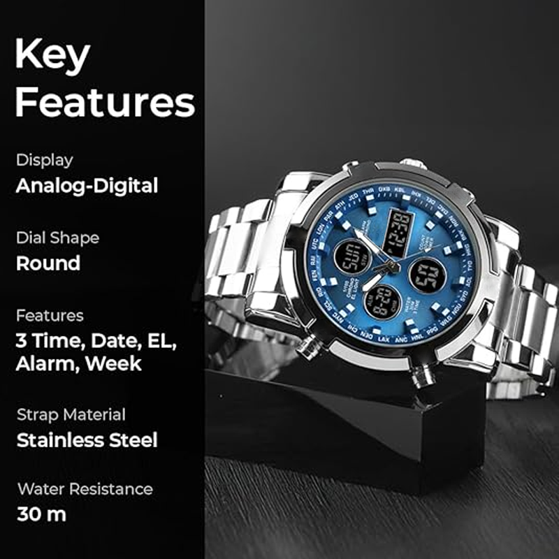 Analog-Digital-Herrenuhr im Militärstil mit Edelstahlarmband