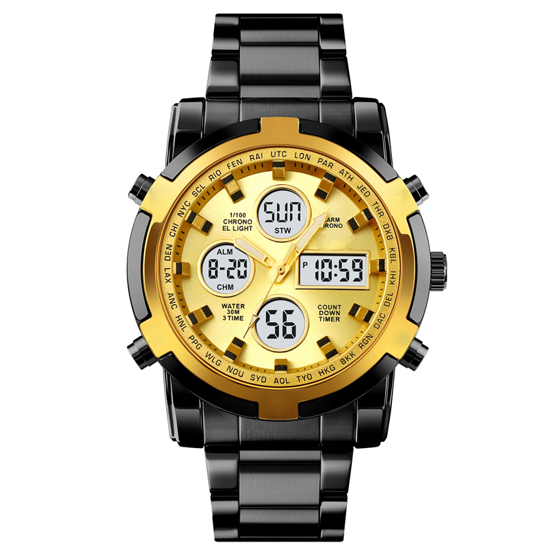 Analoge und digitale Herrenuhr – Gehäusedetail