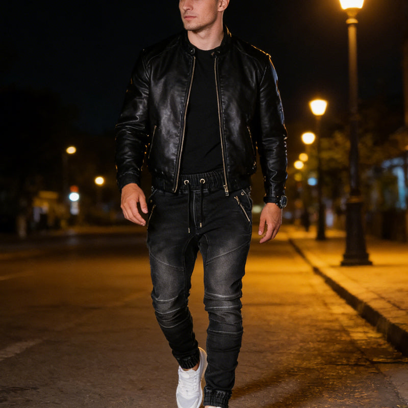 Gerippte Moto-Details im Kniebereich der Denim-Jogger