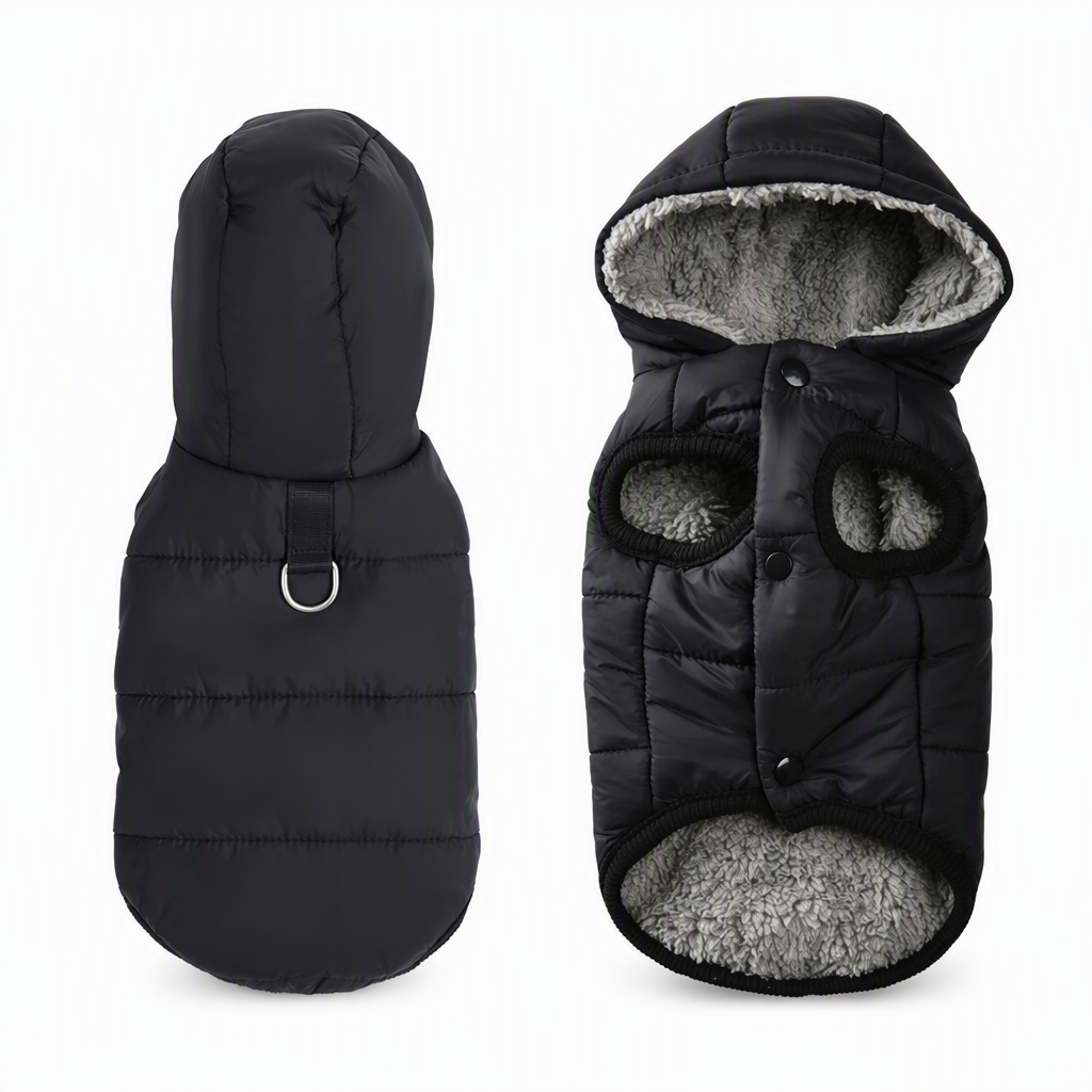 🐕 50 % Rabatt – Gefütterter Hundemantel mit Kapuze | Winddicht, Polar-Fleece & Leinenring