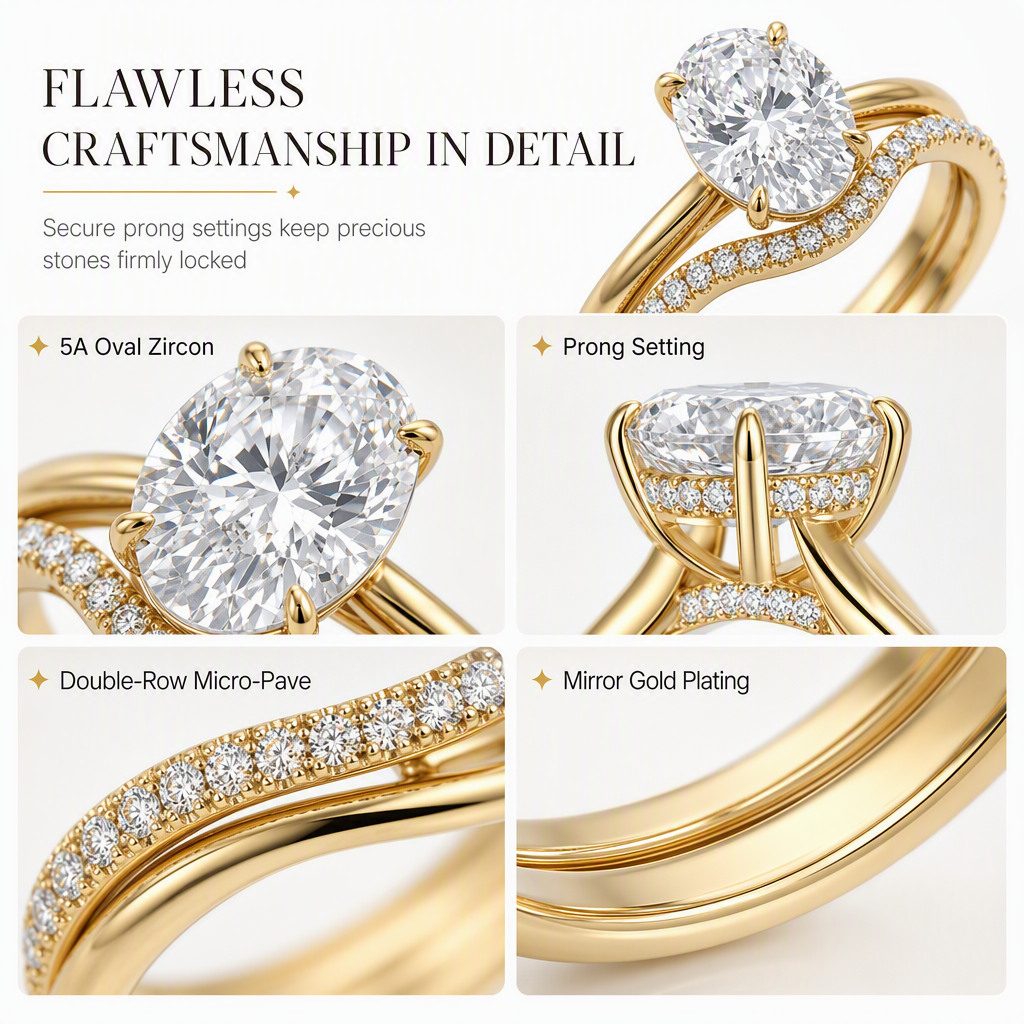 ✨ 14K vergoldeter Kupferring mit ovalem 5A-Zirkonia | Doppelband-Design
