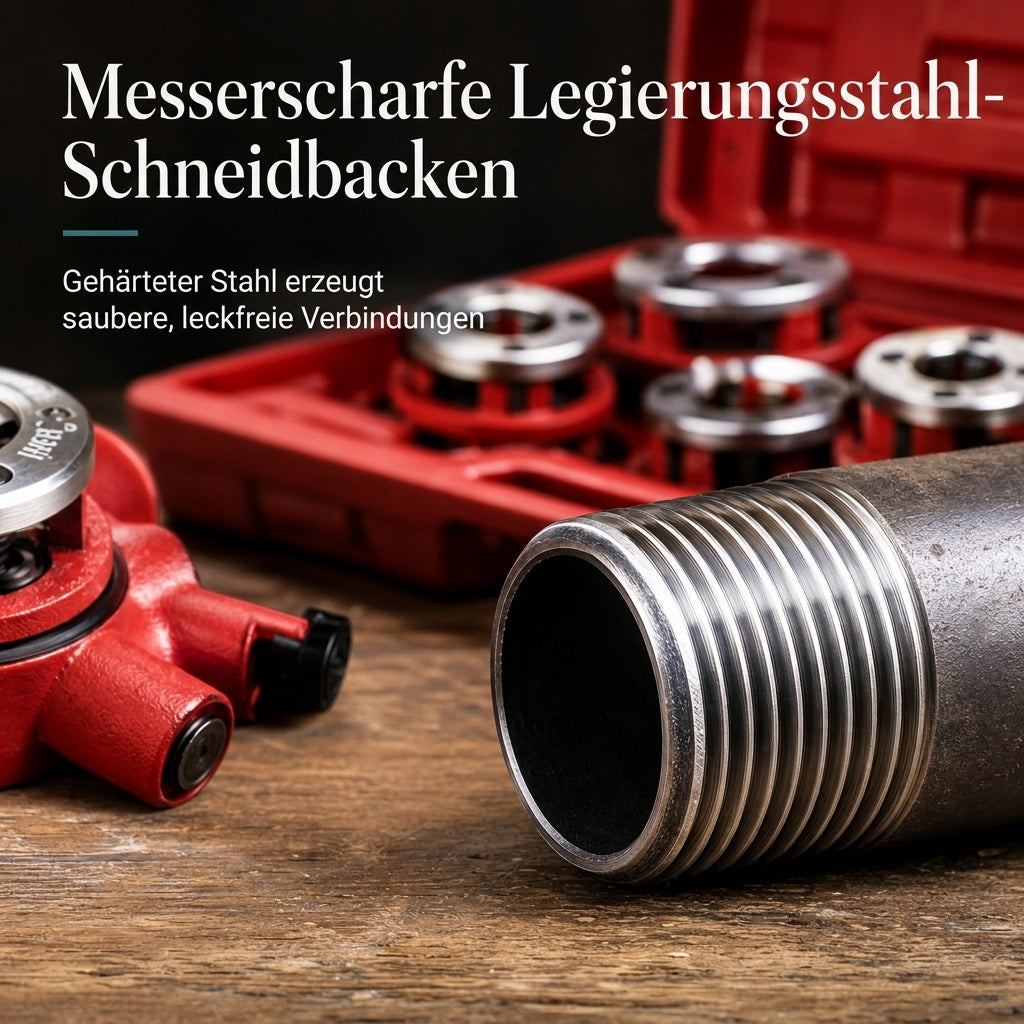 📢📢50% RABATT !!⏰Manuelles Gewindeschneidwerkzeug-Set für Rohre mit Ratschengriff und Schneideisenköpfen