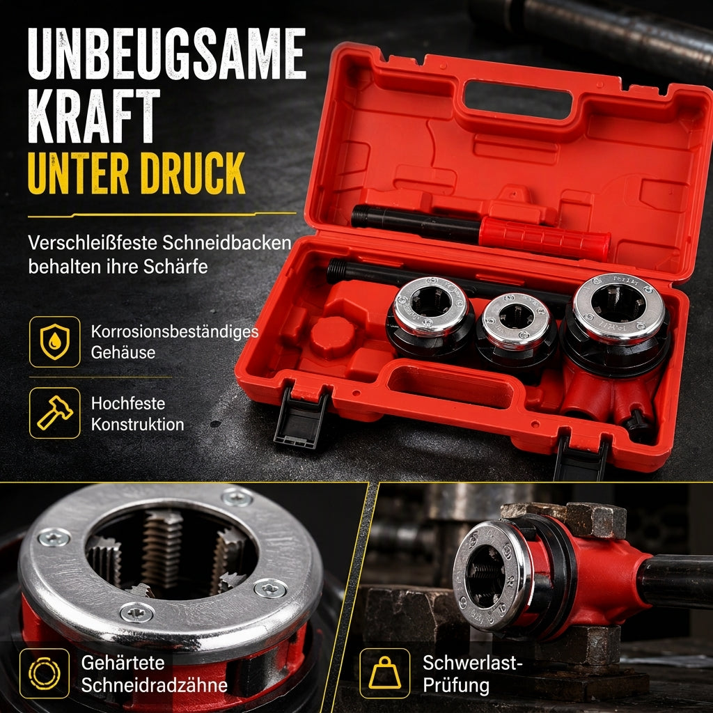 📢📢50% RABATT !!⏰Manuelles Gewindeschneidwerkzeug-Set für Rohre mit Ratschengriff und Schneideisenköpfen