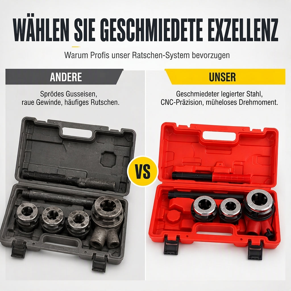 📢📢50% RABATT !!⏰Manuelles Gewindeschneidwerkzeug-Set für Rohre mit Ratschengriff und Schneideisenköpfen