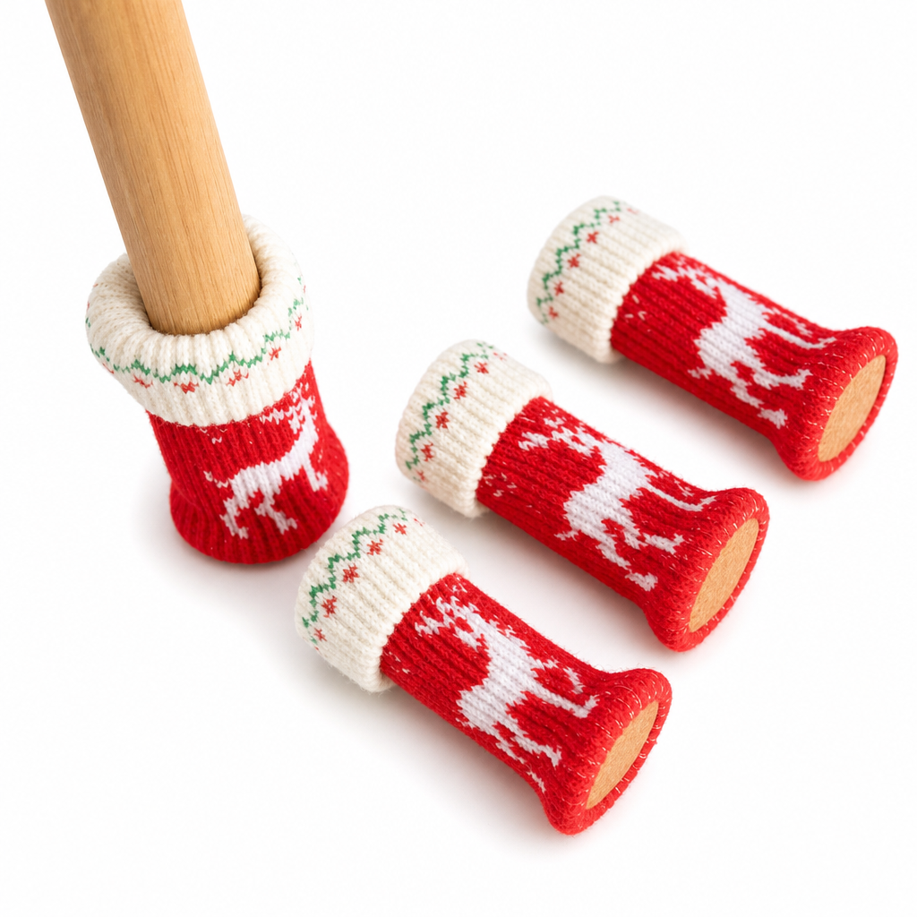 Weihnachtliche Stuhlbeinsocken als Deko und Bodenschutz