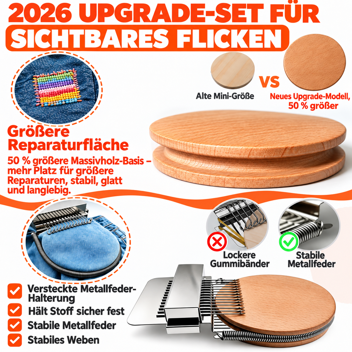 2026 Upgrade Stopfwebrahmen mit größerer Massivholz-Basis und stabiler Metallfeder