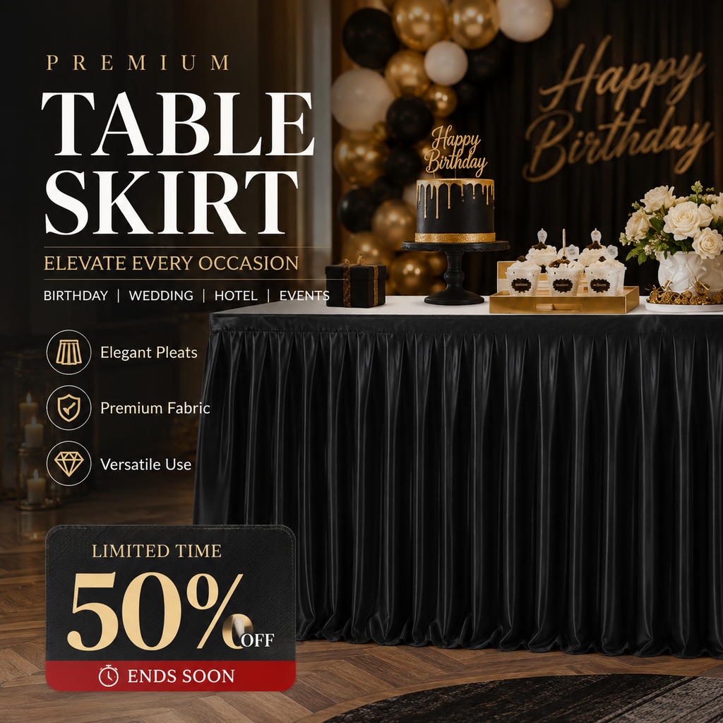 🔥 Bis zu 40 % RABATT – ✨ Plissierte Tischverkleidung für Events | 3 Größen & 11 Farben